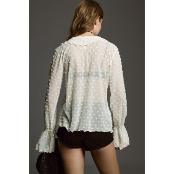 By Anthropologie Cream Long-Sleeve Clip Dot Textured Blouse Top Size Medium - Picture 4 of 7